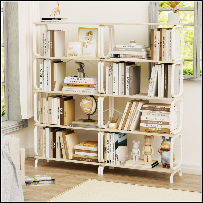 5 Tier Large Book Shelf, Vintage Industrial Style With White Metal Frame For Home And Office Use, White