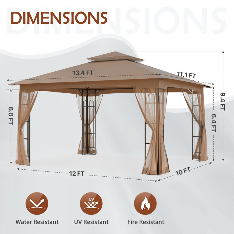 13 Ft. W x 11 Ft. D Steel Patio Gazebo with Netting, Brown