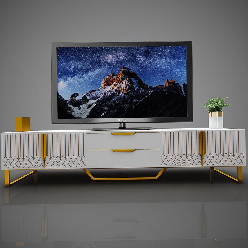 Console télé avec armoires de rangement, meuble télé Carve Design avec pieds en métal