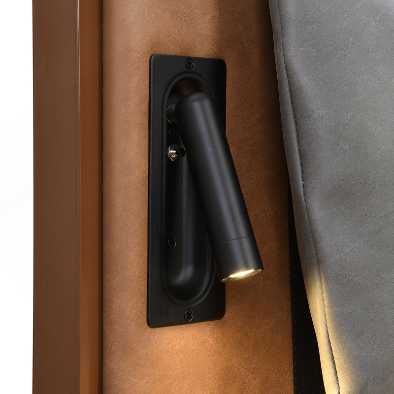Brown&Gray Leather Bed with 2pcs Night Lights, Full / Double