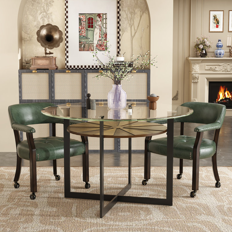 Wexford Collection Set of 2 Mid-Century Modern Upholstered Dining Chairs, Faux Leather Wood Accent Chairs with Arms and Casters for Dining Room, Kitchen or Office