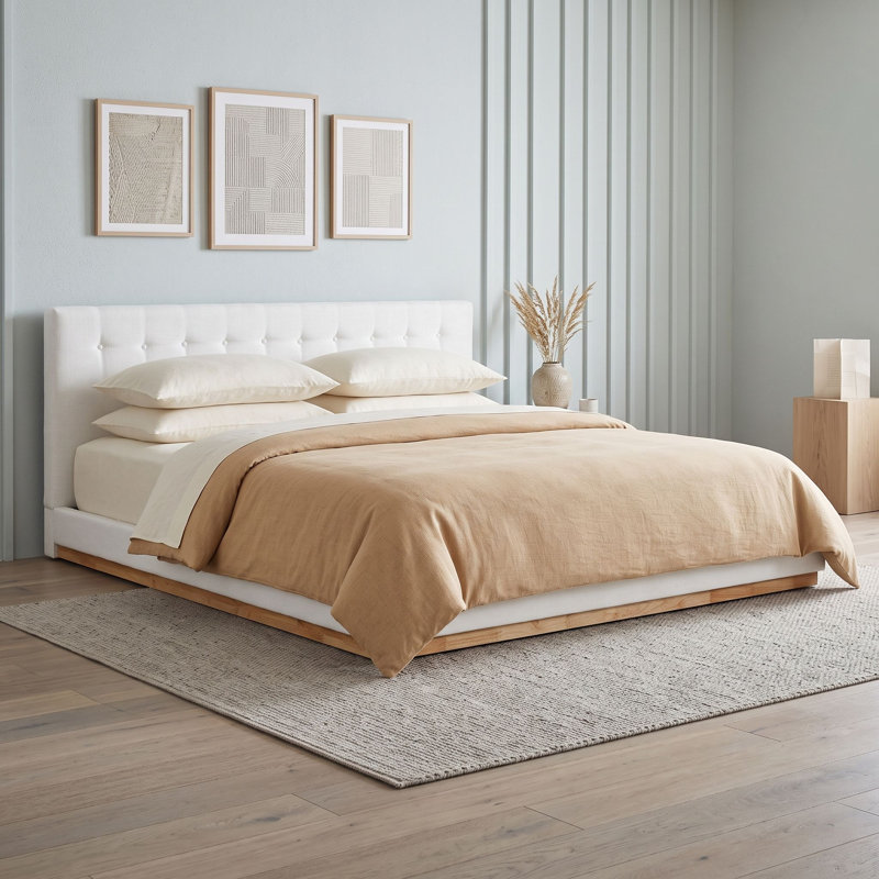 Wood Platform Bed with Upholstered Headboard