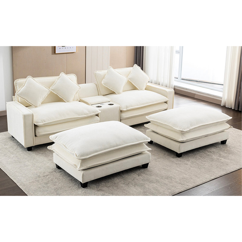 Canapé modulaire de 111 po pour la vie principale, beige, avec deux repose-pieds amovibles, coussin double, hublots, porte-gobelets, rangement et 4 coussins, rangement en tissu d'ameublement respirant en chenille, coussin