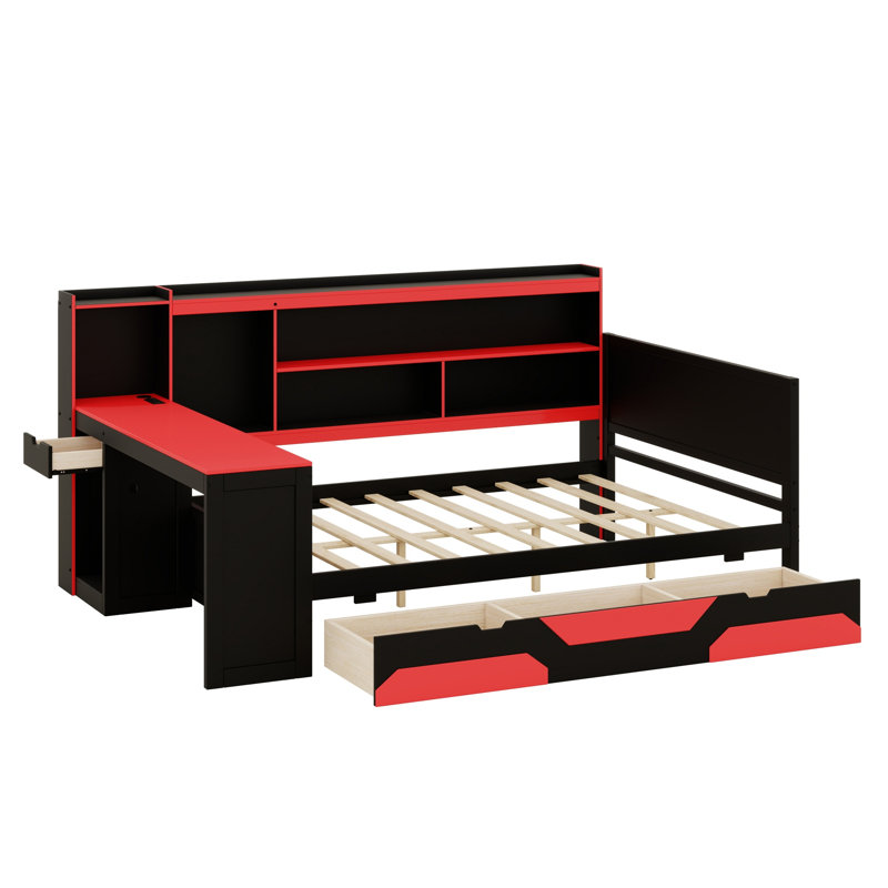 Lit de jour multifonctionnel avec bureau, 3 tiroirs de rangement, station de charge intégrée et tête de lit, Double