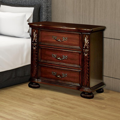 Traditional Brown Cherry Solid Wood Nightstand - 3-Drawer Bedside Table | Gift Idea