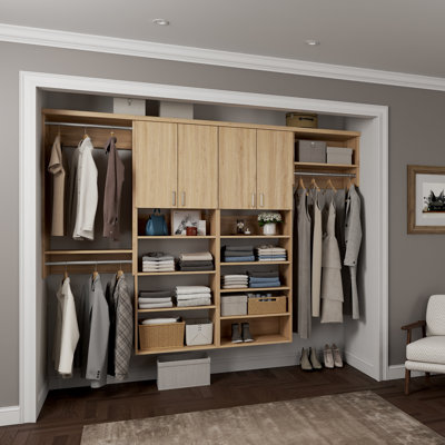 Natural Oak 108" Wall-Mounted Single Wall Closet System with 4 Sections, Slab Doors, 3 Clothing Rods & 15 Shelves