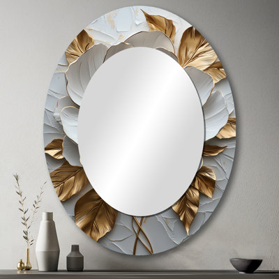Pivoine fleurie en or et blanc V - Miroir décoratif floral ovale sur métal