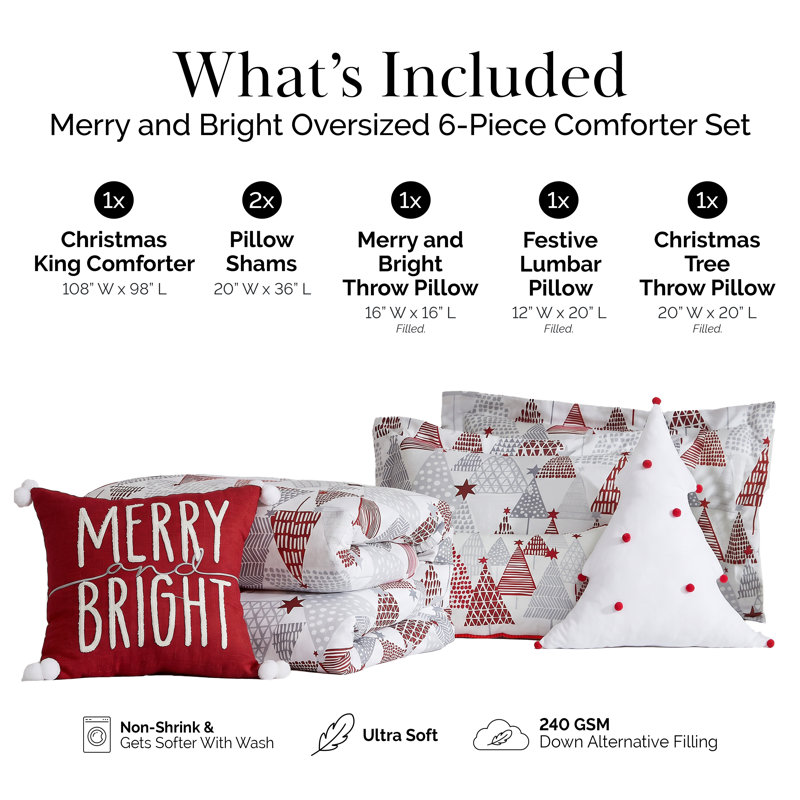 Southshore Fine Linens Merry and Bright Reversible Comforter Bedding Set, 6-Piece with 1 Comforter, 2 King Shams and 3 Filled Decorative Pillows, King/California King