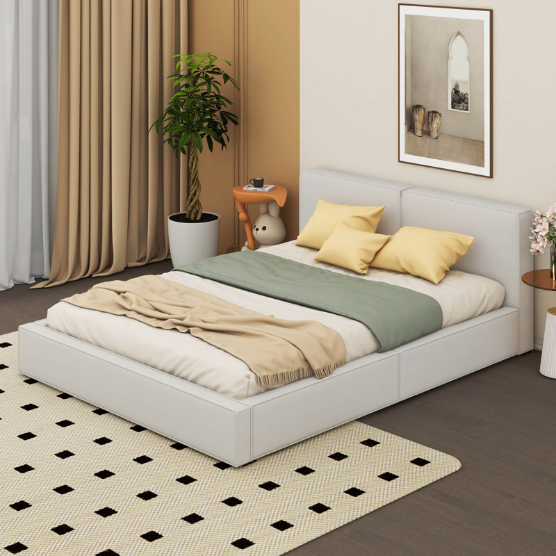 Grand lit plateforme tapissier avec structure solide, Beige