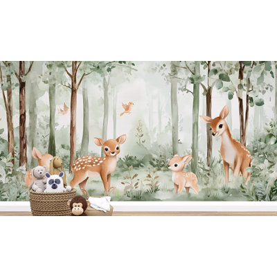 Cute Fawn And Birds Forest Wallpaper - Watercolor Baby Deer Mural For Nursery Or Kids Room With Trees, Birds And Soft Nature-Inspired Wall Decor