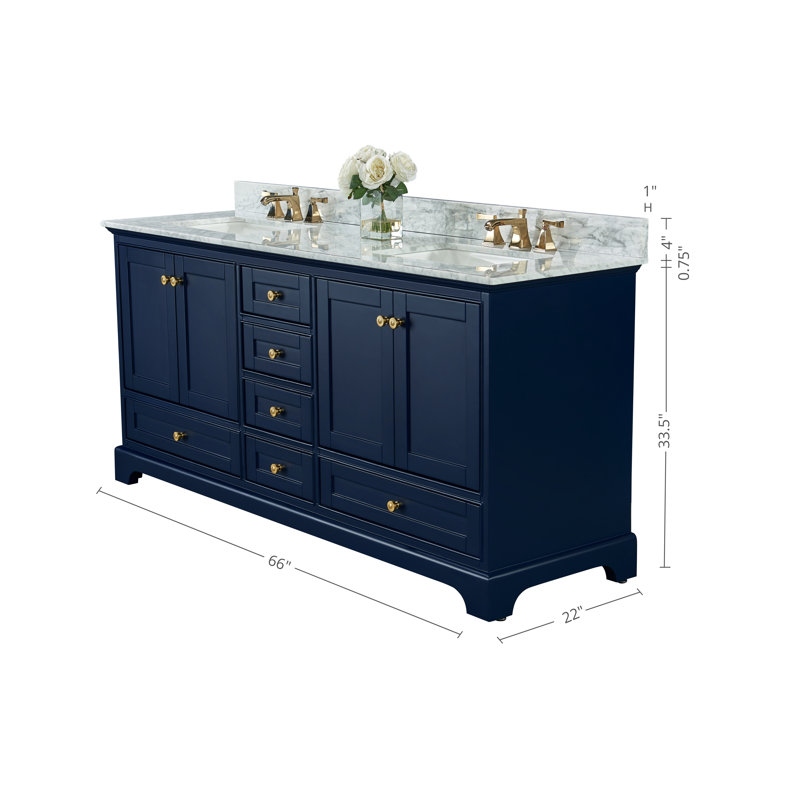 Audrey 66 in. Handmade Double Vanity, Heritage Blue | Brushed Gold, Carrara White
