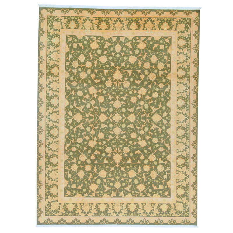 High-Quality Hand-Knotted Green And Cream Area Rug