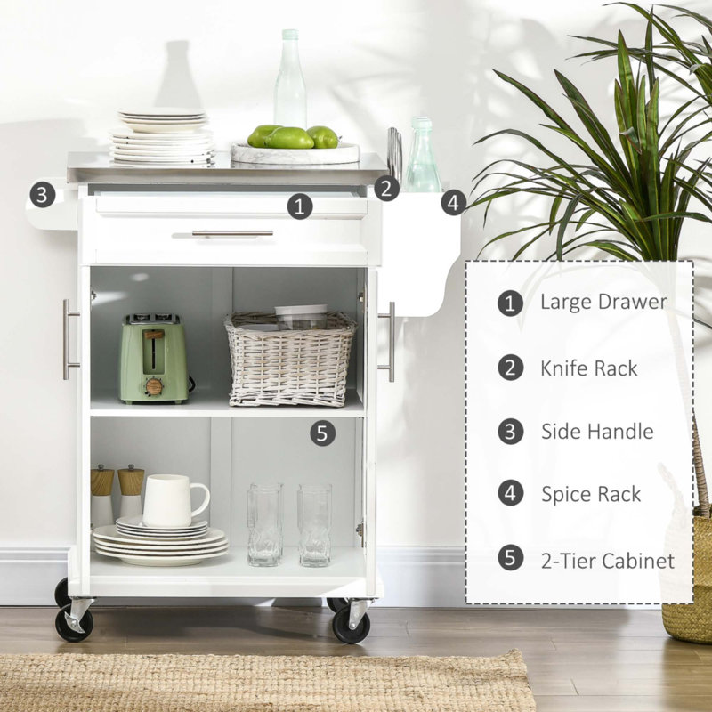 Îlot de cuisine sur roulettes, chariot de cuisine roulant avec comptoir en acier inoxydable, Blanc