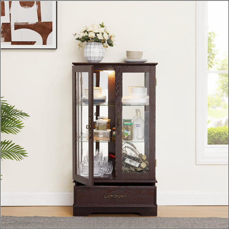 Vitrine vitrée éclairée avec tablettes réglables en verre 2 portes et 1 tiroir, Cerise
