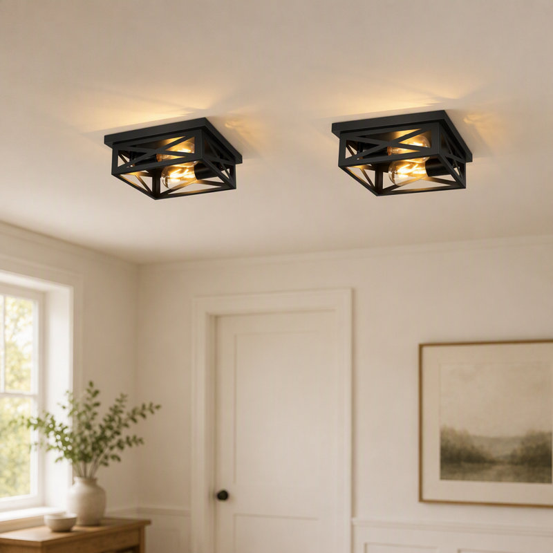 2 Pack 2-Light Matte Black Square Flush Mount Ceiling Light, Black