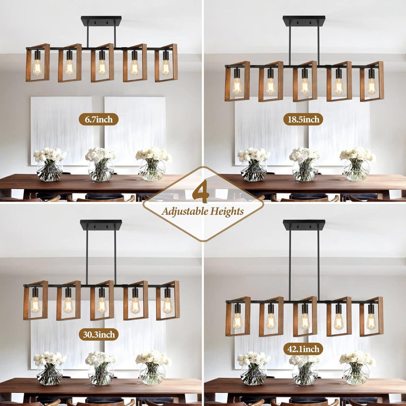 53’’ Farmhouse Kitchen Island Lighting, 5-Light Adjustable Dining Room Light Fixtures, Rustic Wood Chandeliers Black