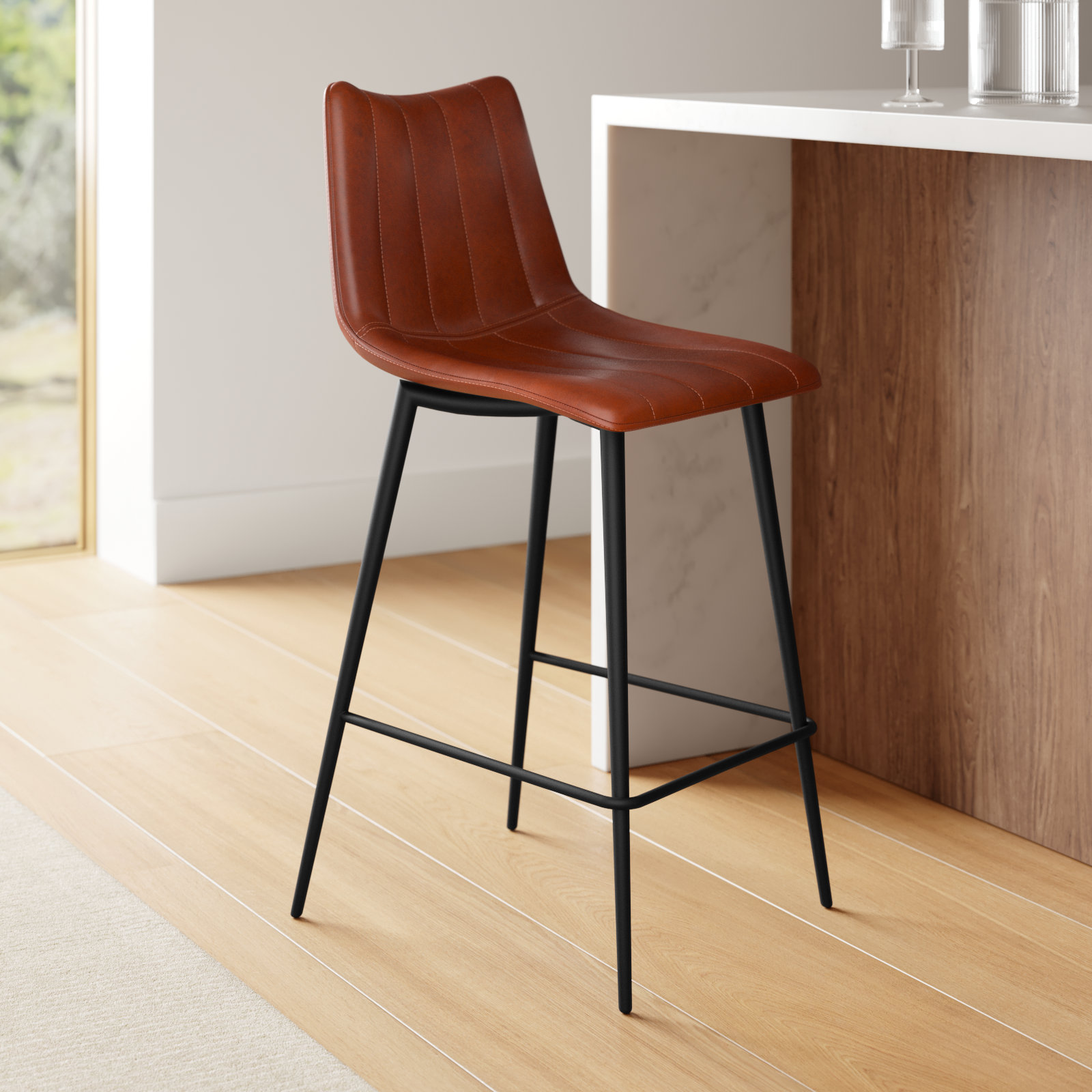 Finnigan Counter & Bar Stool, Counter Stool (26" Seat Height), Brown/Faux Leather