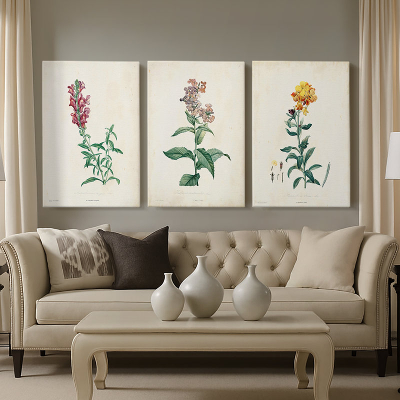 Traditional Botanical I - Toile tendue avec châssis sur mesure - 3 pièces, H 48 po x l 96 po