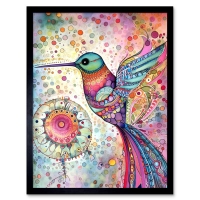 Hummingbird With Mandala Patterns Colourful Folk Art Watercolour Painting Artwork Framed Wall Art Print 9X7 Inch