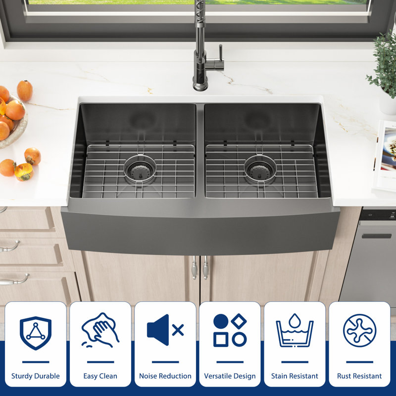 36" L x 21" W Double Bowl SUS304 Stainless Steel Farmhouse/Apron Kitchen Sink, Gunmetal Black