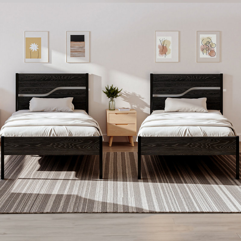 Rumaldo Set of 2 Bed Frame, 2 Pack Twin Size Platform Bed Frame with Wood Headboard, Rustic Farmhouse Industrial Style for Kids, Guest Rooms & Apartments, No Box Spring Needed