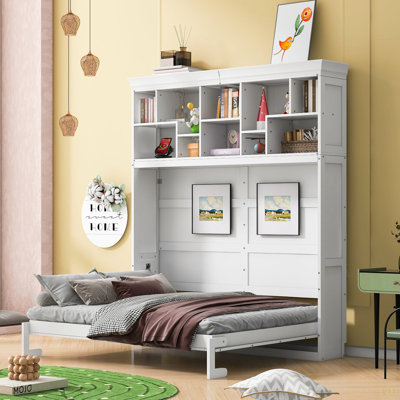 Grand lit escamotable mural avec tablettes supérieures et USB
