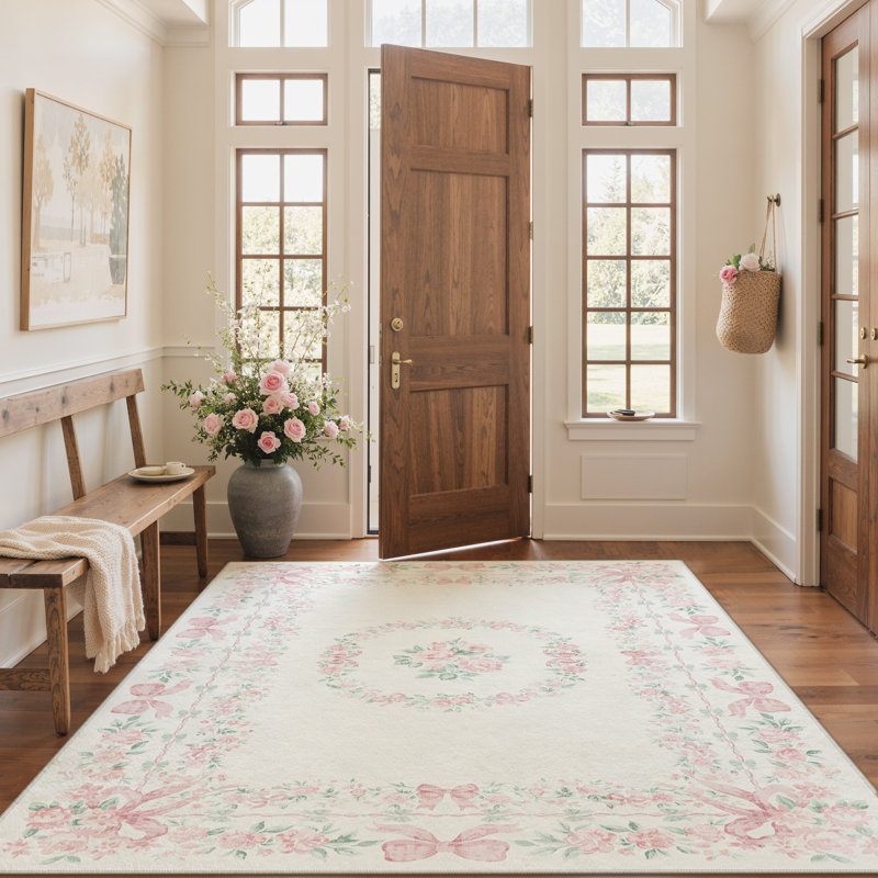 Atascadero Romantic Vintage Floral & Bow Border Kids Area Rug, Machine Washable, Inspired Faux Wool - High-Rebound Foam & Non-Slip Backing