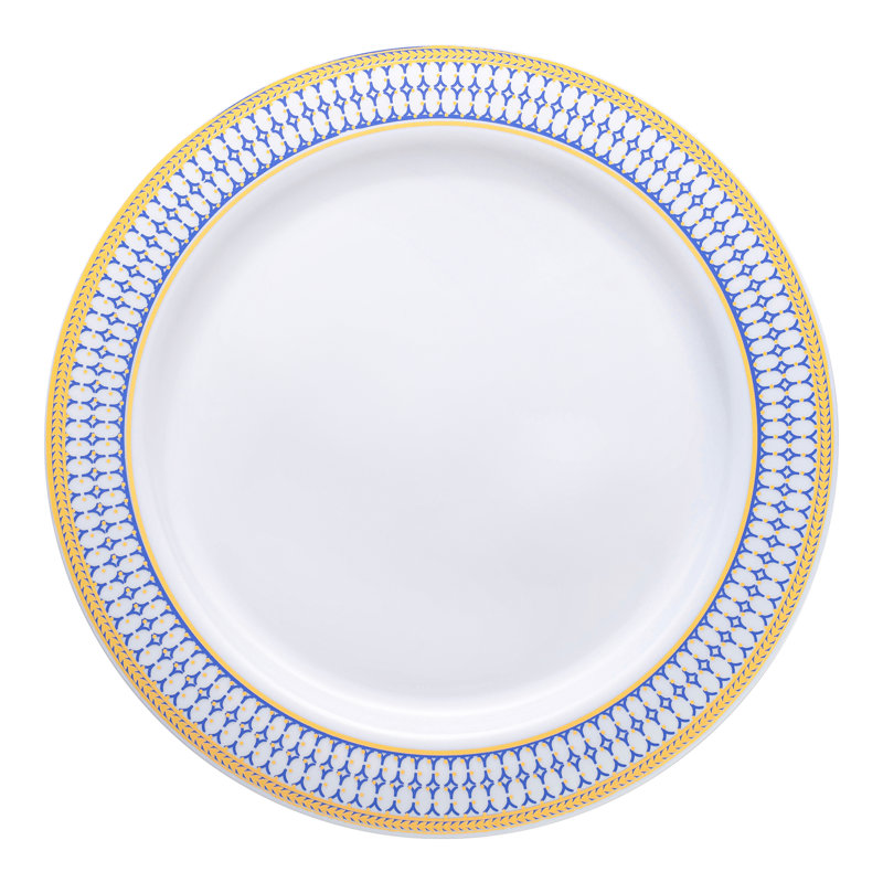 Assiettes / assiettes à salade en plastique blanc avec bordures bleues et dorées (7,5 po)
