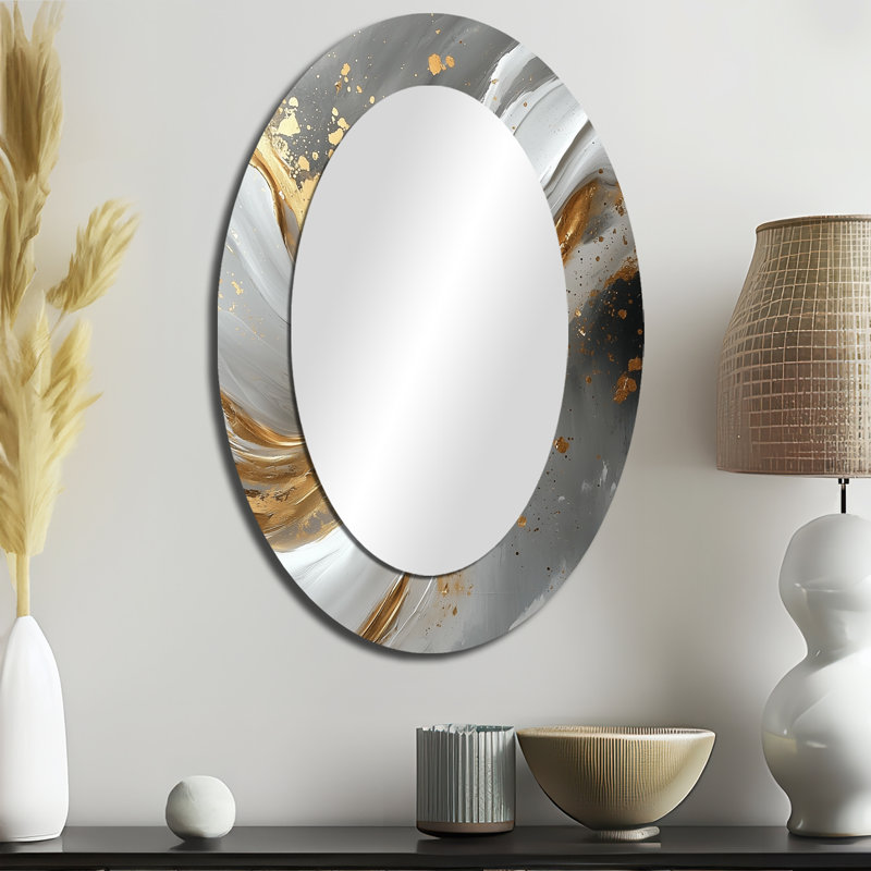 Abstract Marble In Grey And Gold Tones II - Gold Modern Oval Wall Mirror, 36" x 24"