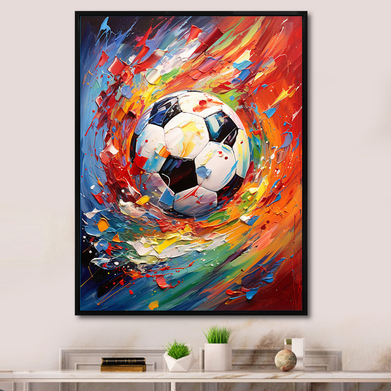 «Johanan Abstract Soccer Energy», art mural de soccer, H 44 po x l 34 po x P 1,5 po, Cadre flottant noir