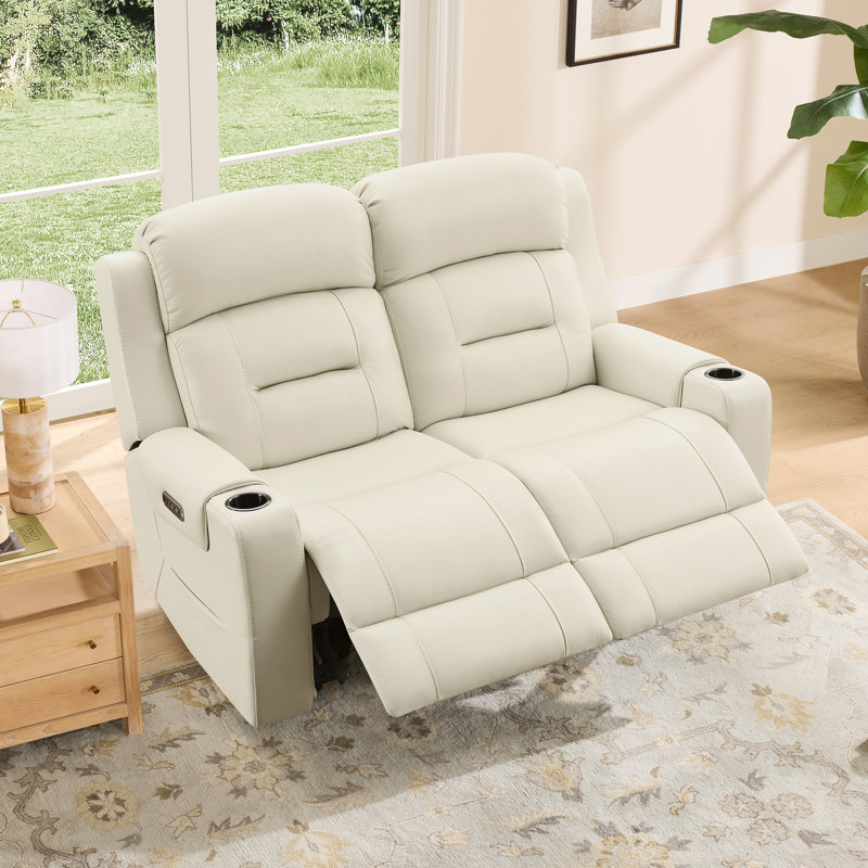Olathe Genuine Leather Dual Motor Power Reclining Lay Flat Sofa With Power Headrest, Cream