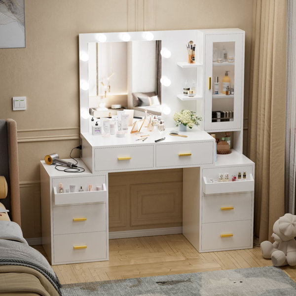 Latitude Run® Kelila Makeup Vanity Desk with Lighted Mirror and Charging  Station & Reviews