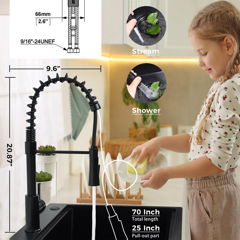 Évier de cuisine encastré noir 33 po avec robinet escamotable 33 po