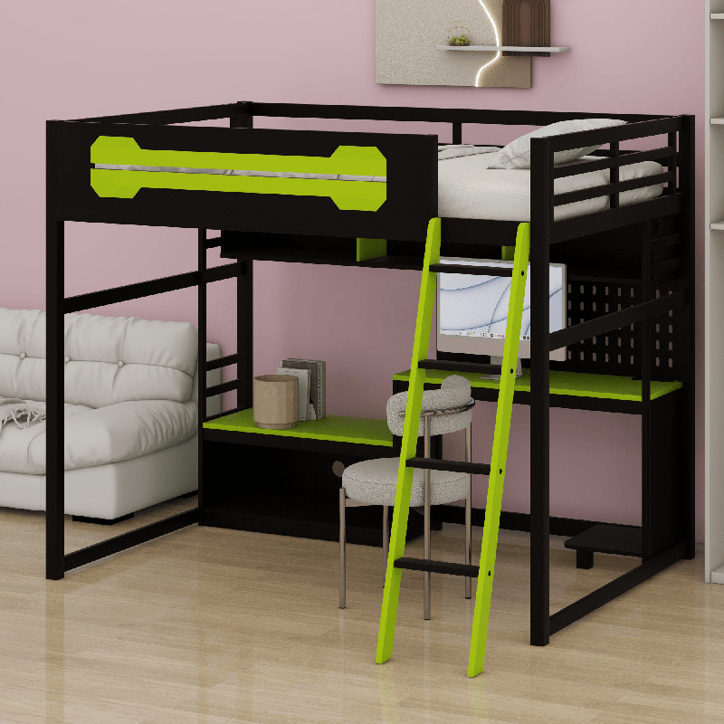 Lit mezzanine en bois avec bureau, Noir/vert