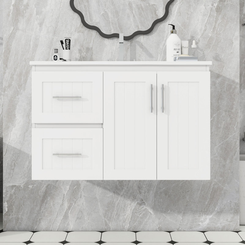 Meuble-lavabo mural avec lavabo, 2 tiroirs et tablette réglable, Blanc