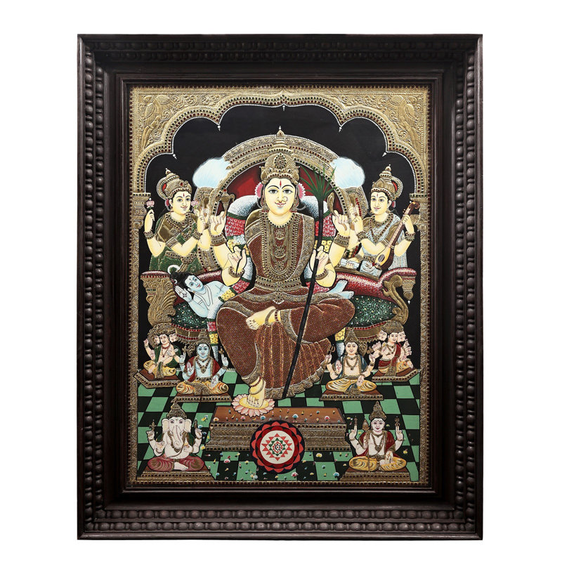 Déesse Rajarajeshwari avec Shri Yantra Tanjore, peinture | Couleurs traditionnelles | Structure en bois de teck