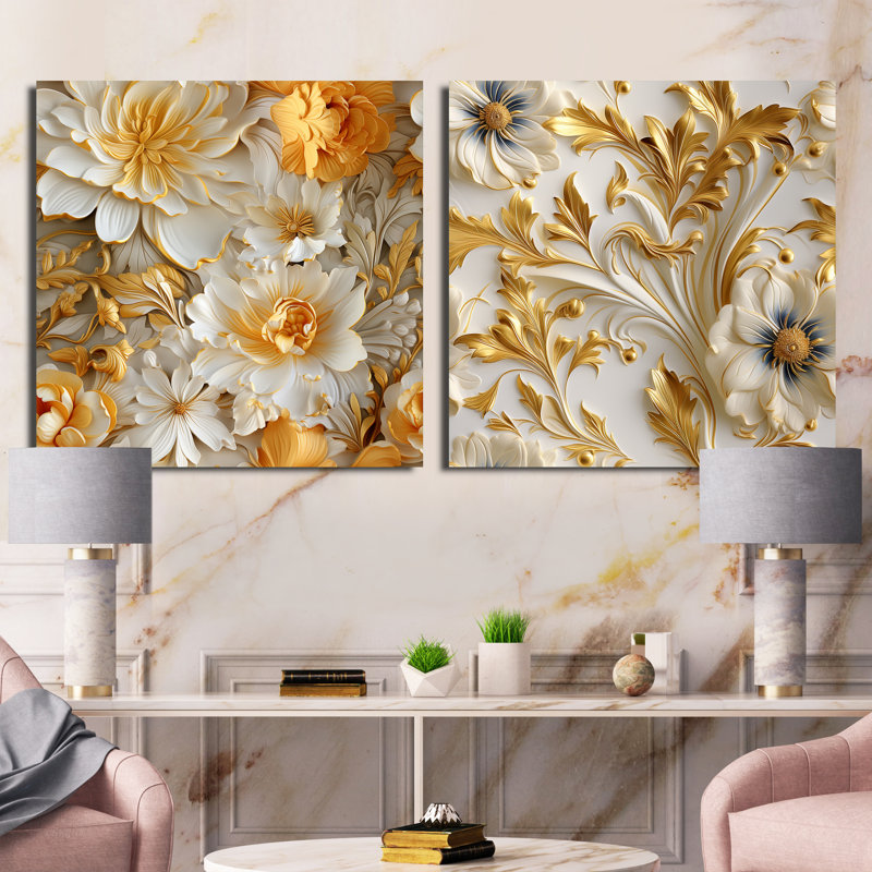 Ensemble de 2 collages carrés or et blanc Royal Flower Garden Serenity - Abstract Botanicals, Toile tendue, H 30 po x l 61 po