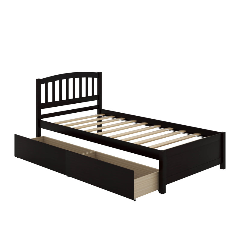Lit plateforme simple en bois massif avec deux tiroirs et tête de lit, Espresso