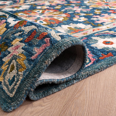 Tapis oriental en laine / coton touffeté à la main en vert / bleu / orange / jaune / rose / ivoire