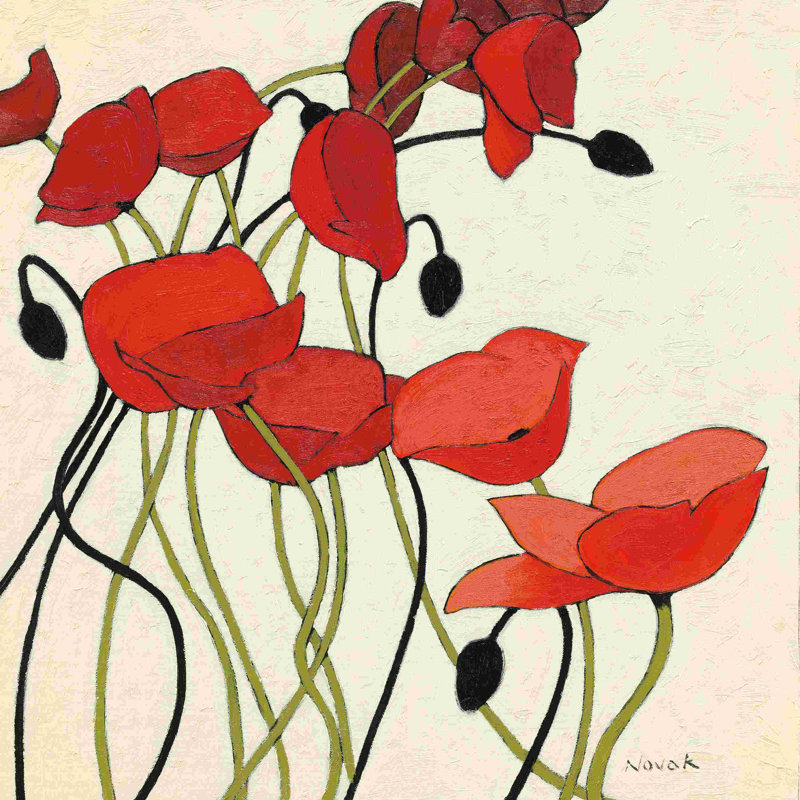 Coquelicots et crème I - peinture sur toile tendue, H 20 po x l 20 po, Non, Toile tendue