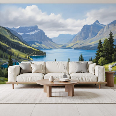 Papier peint auto-adhésif Summer Lake Mountain Scenery Forest Nature Green Mountain Calm Lake Wall Wallals