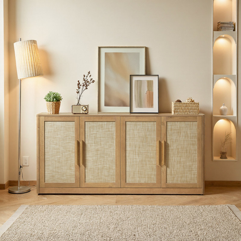 Buffet 67 po 4 portes Boho - Buffet en chêne caramel pour le salon, le couloir et la cuisine