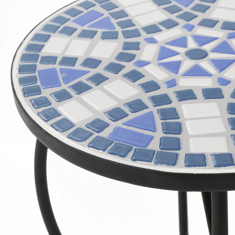 Outdoor Round Tile Tabletop Side Table with Metal Frame