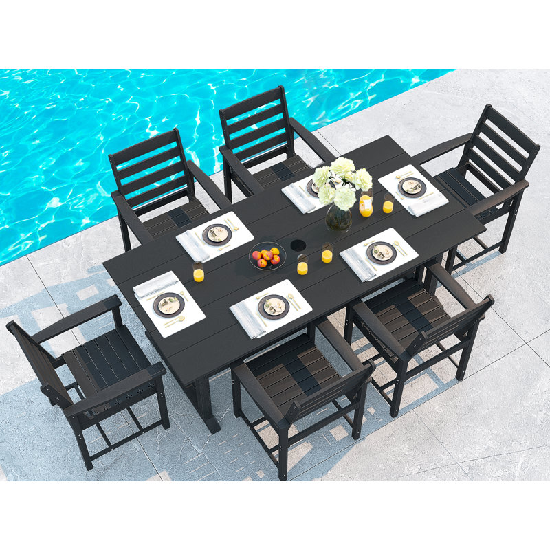 7-Piece Outdoor Dining Set, HDPE Poly Lumber Patio Furniture, 6-Person Rectangular Table with Umbrella Hole, All-Weather Heavy Duty Slatted Design, Fade-Resistant