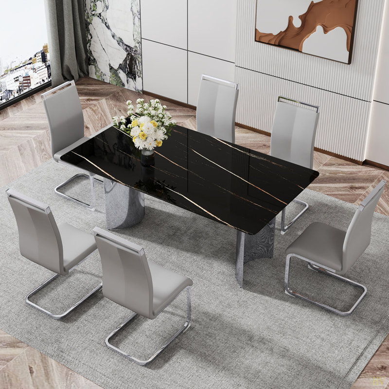 Table de salle à manger moderne et minimaliste. Le bureau en verre imitation marbre est équipé de pieds en métal. Convient aux restaurants et aux salons de 71 po x 39,3 po x 29,5 po