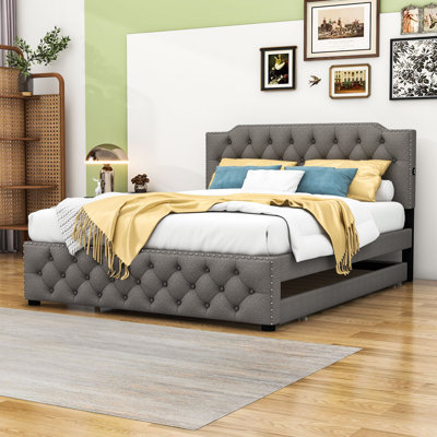 Charneshia Queen Upholstered Tufted Bed with Twin Size Trundle and USB -  Alcott HillÂ®, D2A5C8DB204C4DA7BA2E7855D5466FF2