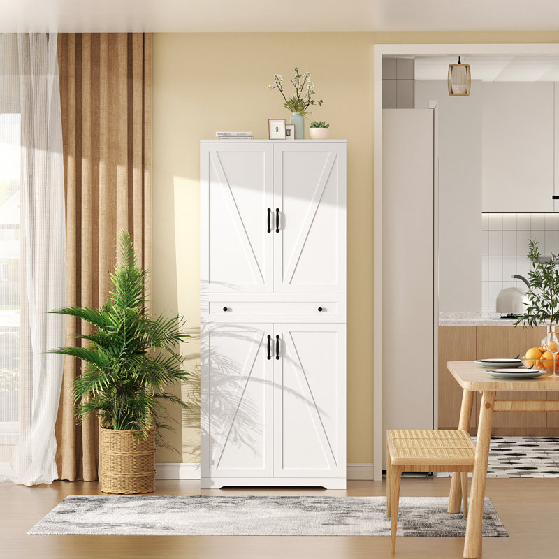 71.9'' Food Kitchen Pantry Storage Cabinet Kitchen Hutch with Drawer, 4 Doors and 6 Shelves, White