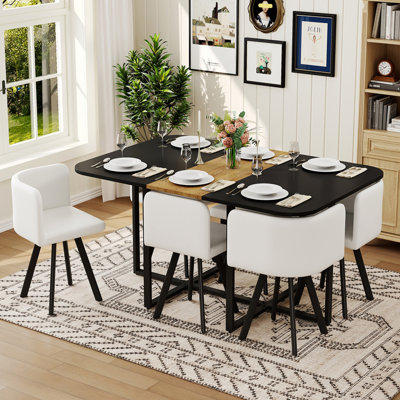 Ensemble de table de salle à manger 7 pièces avec 6 chaises en cuir ciré noir, table de triamine à grain de bois noir et bois, mobilier de salle à manger industriel moderne pour petits espaces, appartement, restaurant