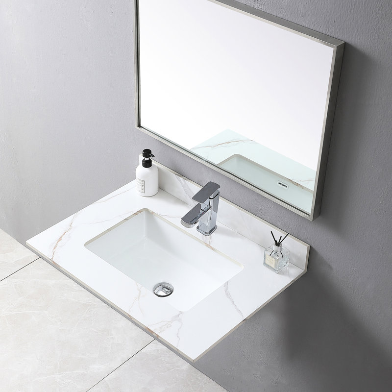 Comptoir de meuble-lavabo en pierre or 31 pouces et lavabo en céramique - Design élégant et fritté avec dosseret encastré