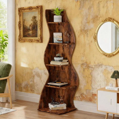 69.8"Height 5-Tier Wavy Brown Corner Bookshelf And Plant Stand For Living Room Small Space